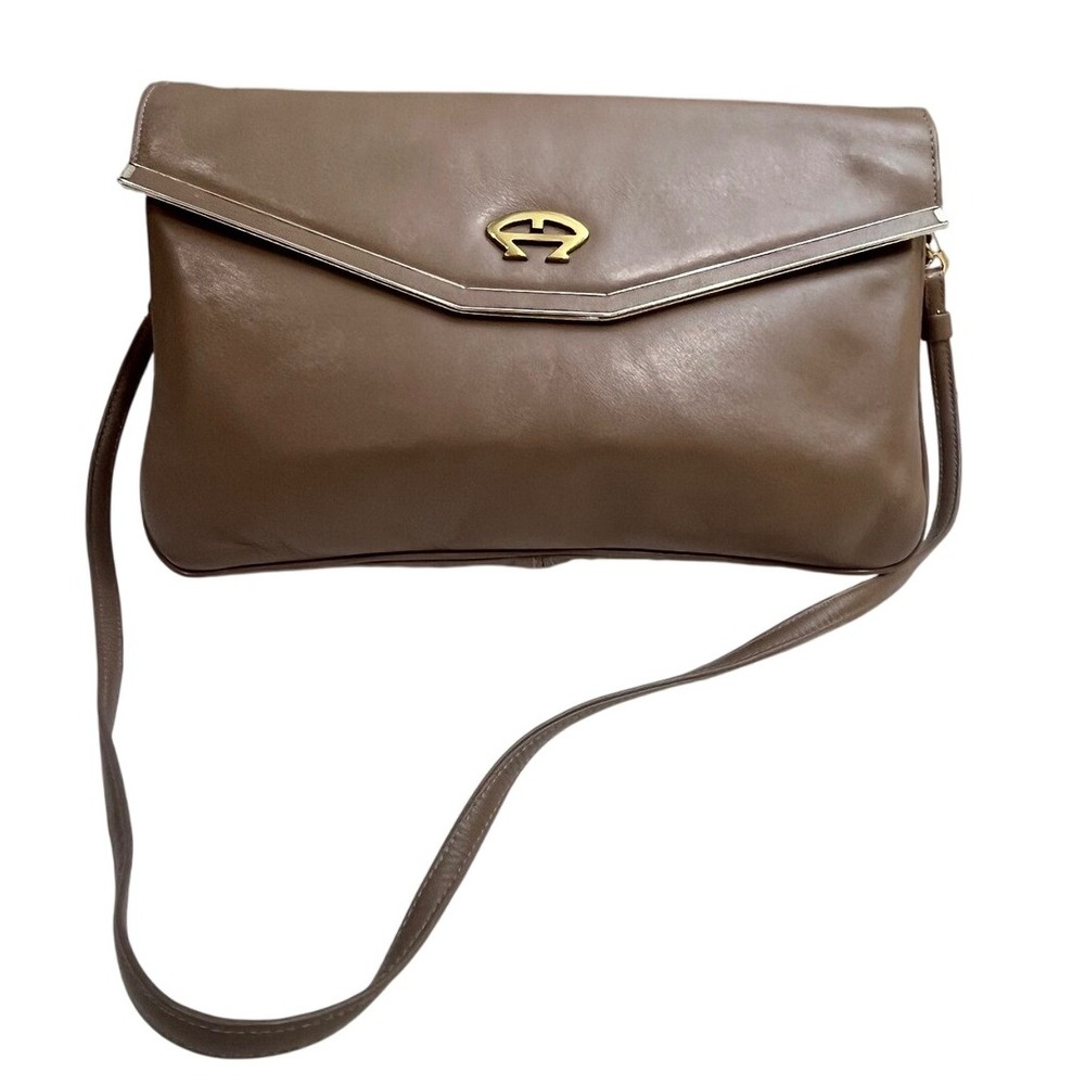 Etienne Aigner vintage leather clutch shoulder bag purse snap brown tab gold